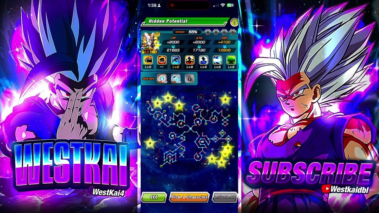 A game screen shows the Hidden Potential board with a character’s stat grid, node map, and buttons along the bottom.