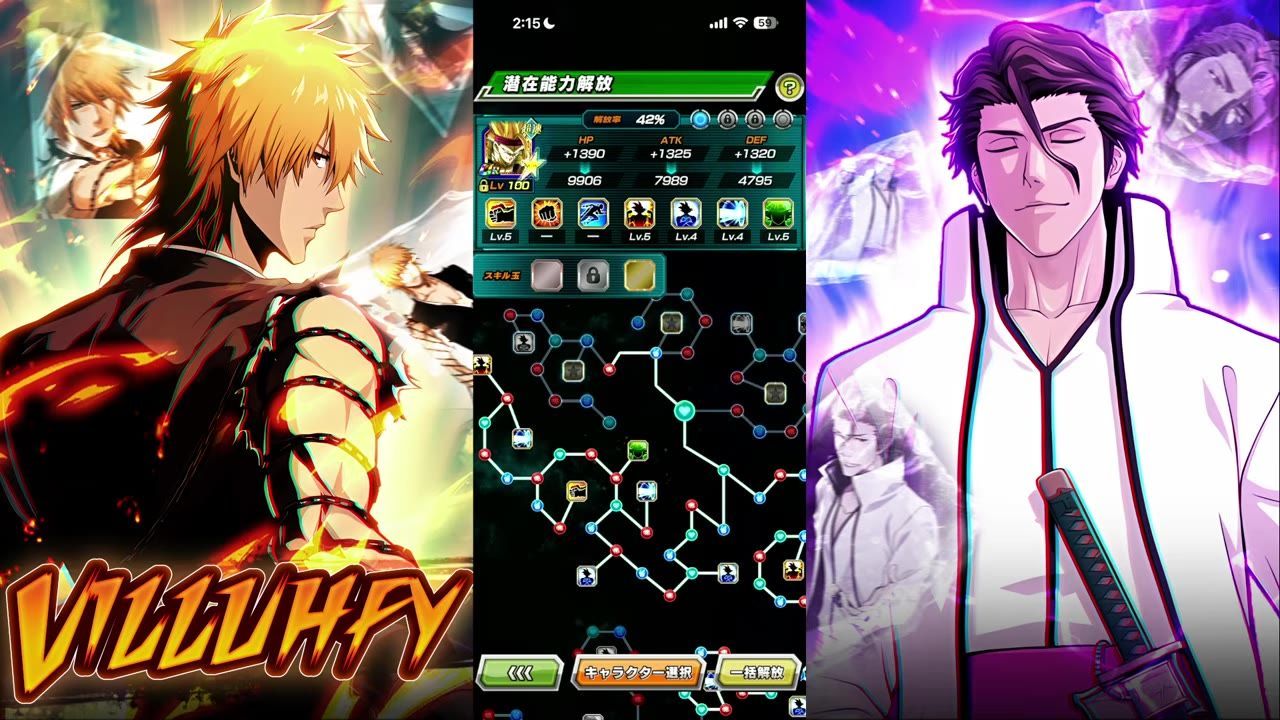 A mobile game hidden potential screen shows a character stats panel above a node grid with colored links and unlocked nodes.