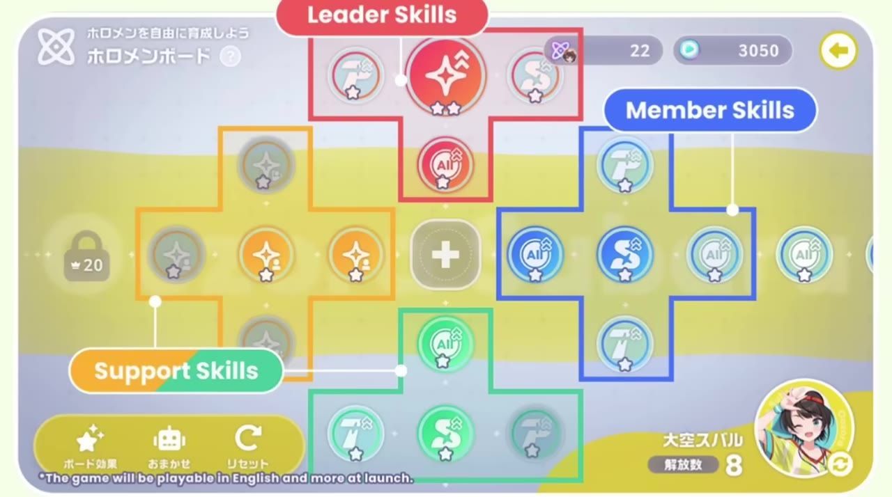 Display of the Holomem Board showing progression paths and skill categories.