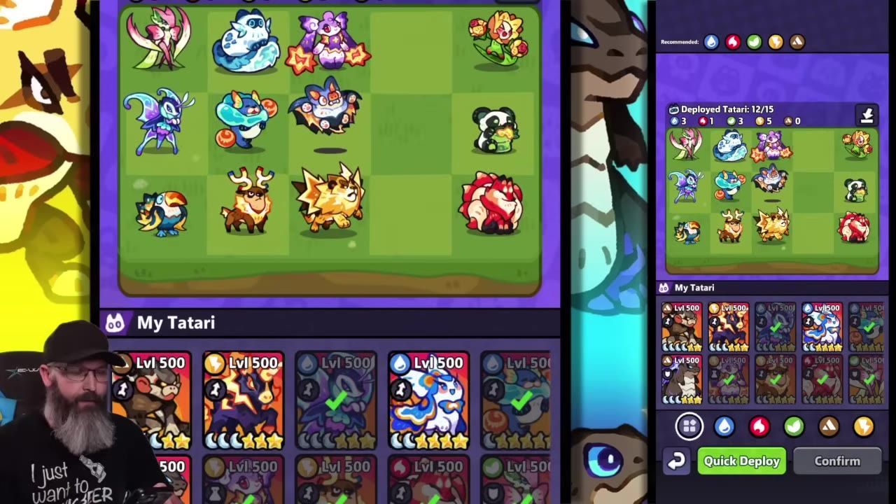 A game formation screen shows a green grid with multiple Tatari units placed on it and a side panel listing deployed Tatari.