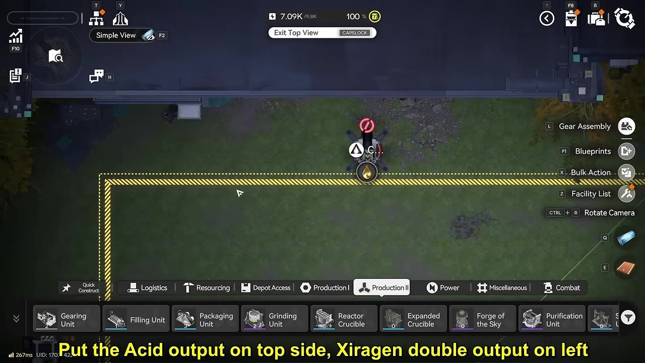 A top-down game view shows a central core connection point with one output above it and another output on the left side, surrounded by construction and production menus.
