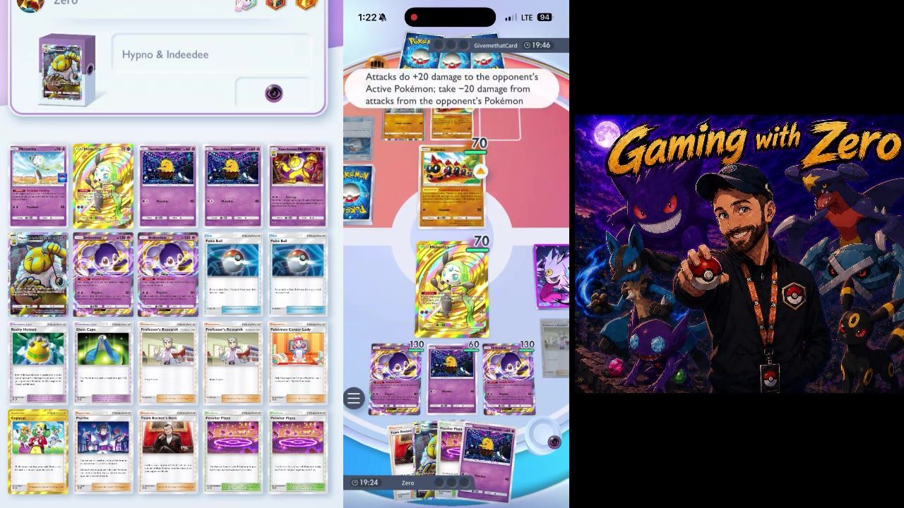 A split-screen game frame shows a deck list with Indeedee ex and Psychic cards on the left and a match board on the right with a text bubble describing attack damage changes.