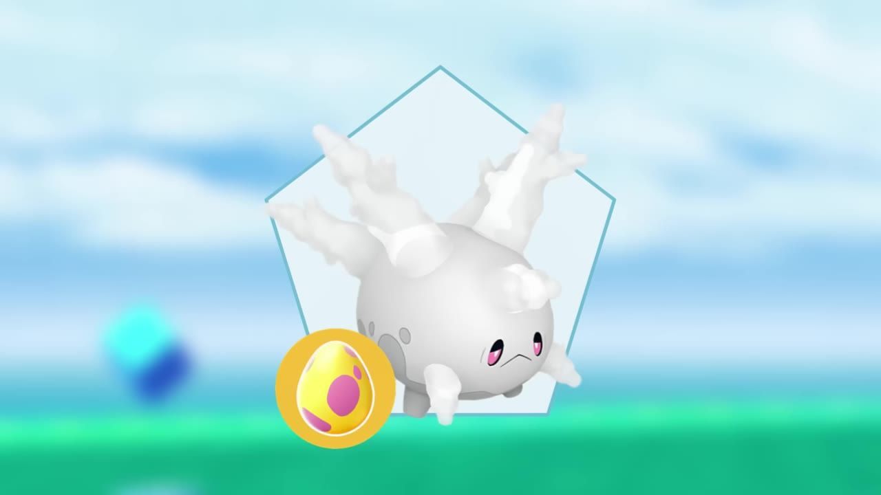 A Galarian Corsola appears centered on a pale hexagonal backdrop with an egg icon in the foreground.