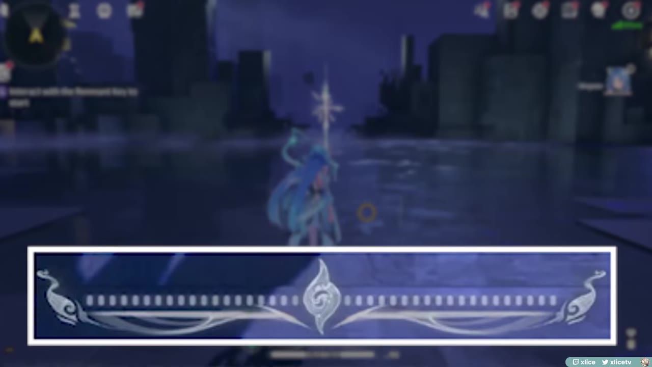 A game character stands in a dark arena with a large decorative Forte bar UI centered along the bottom of the screen.