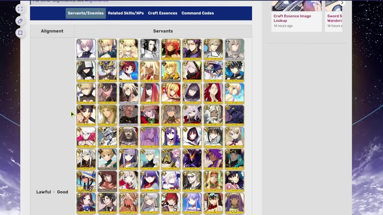 Screen showing a roster of servants classified under alignment lawful good.