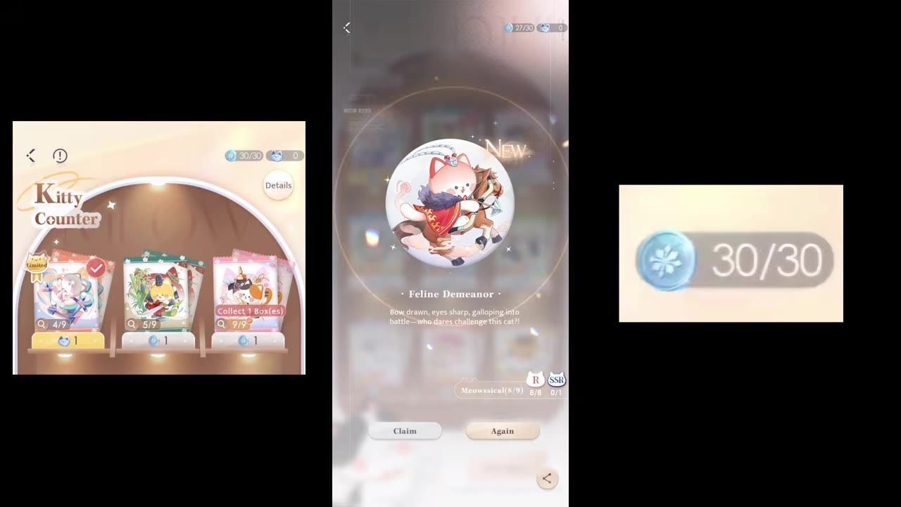 A Kitty Counter screen shows three kitty card options with progress counters and a side panel showing a completed card result with Claim and Again buttons.