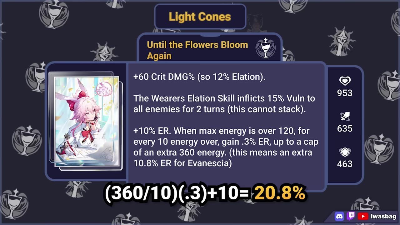 Screenshot showing benefits and calculations related to Evanescia's Light Cone.