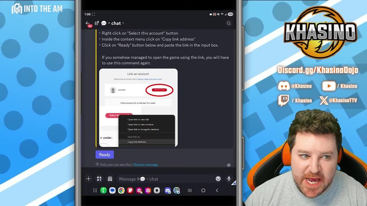 A Discord chat on a phone screen shows instructions for linking an account, with an embedded Nintendo account page image and a context menu open over it.