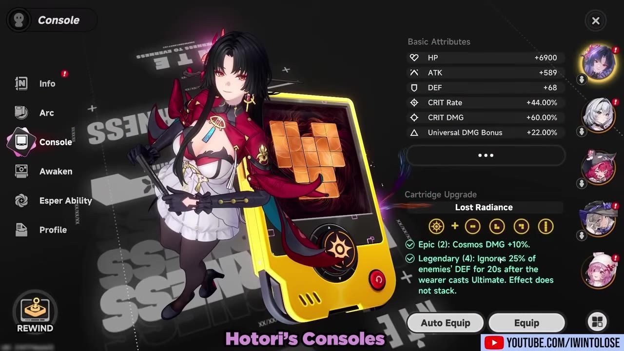 A game console menu is open with the Lost Radiance set selected, showing a basic attributes panel on the right and character icons along the side.