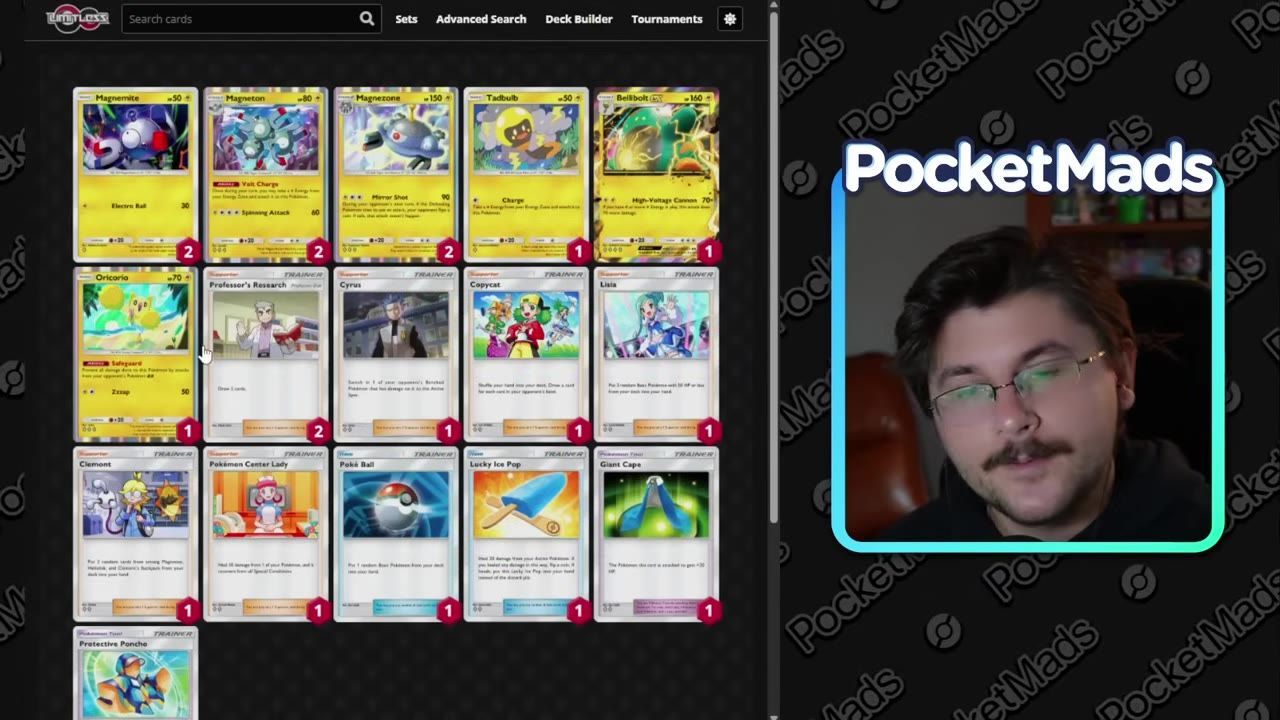 A deck builder page shows a Pokémon card list with Magnemite, Magneton, Magnezone, Oricorio, and several Trainer cards, while a webcam overlay appears on the right.