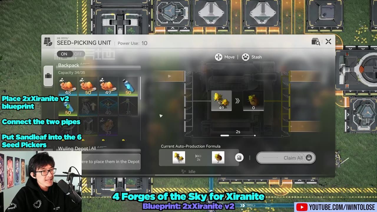 Seed-picking unit interface showing sand leaves and other resources.