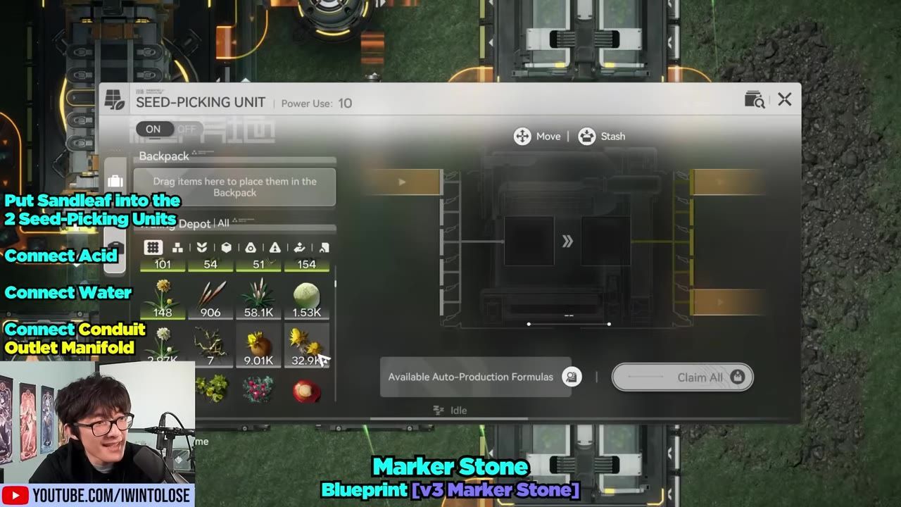 Seed-picking unit menu with inventory items including sand leaves displayed.