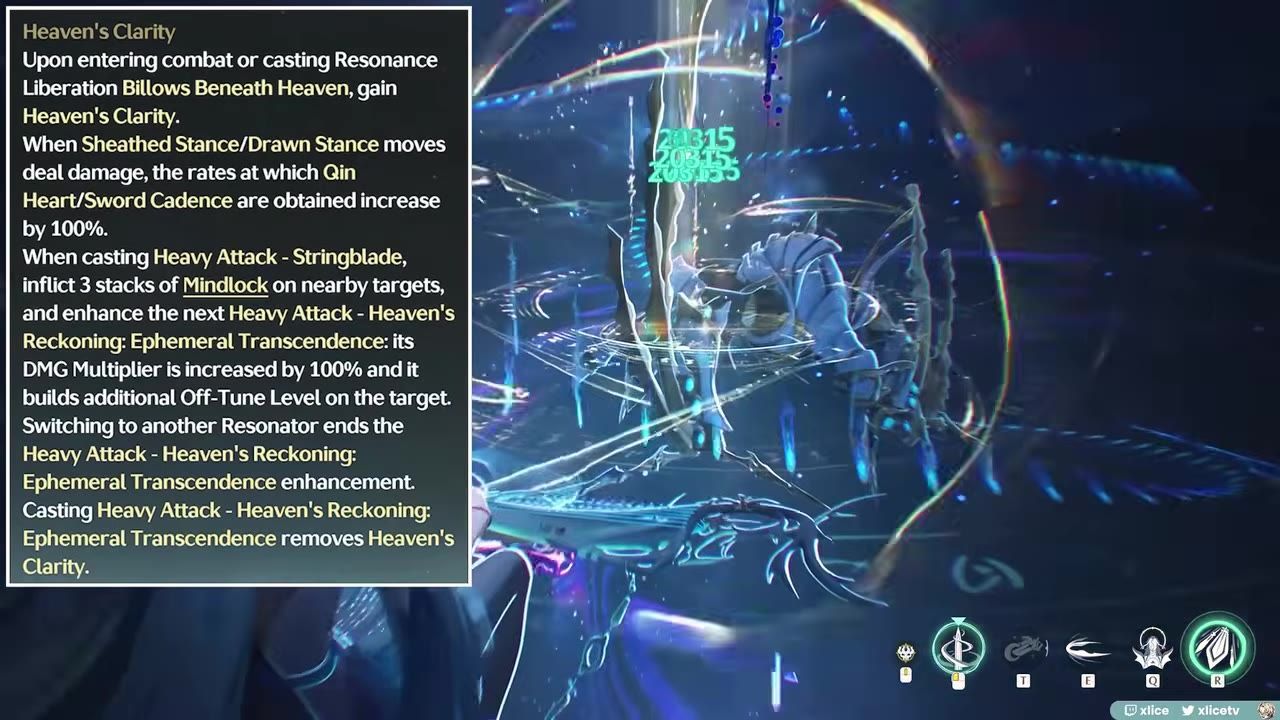 A gameplay showing character Qingxiao using abilities with glowing effects in an ethereal environment.