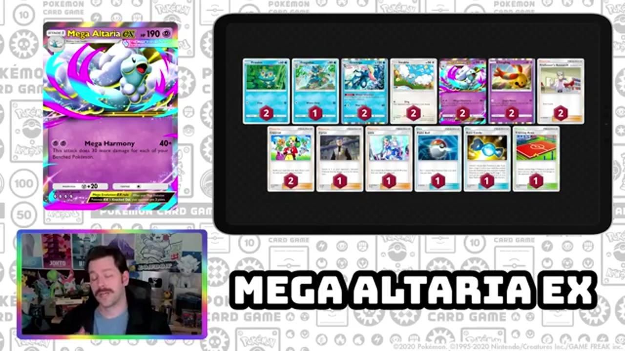A Pokémon card game title card shows a large Mega Altaria ex card beside a deck list, with a small webcam box in the lower left and the text Mega Altaria ex at the bottom.