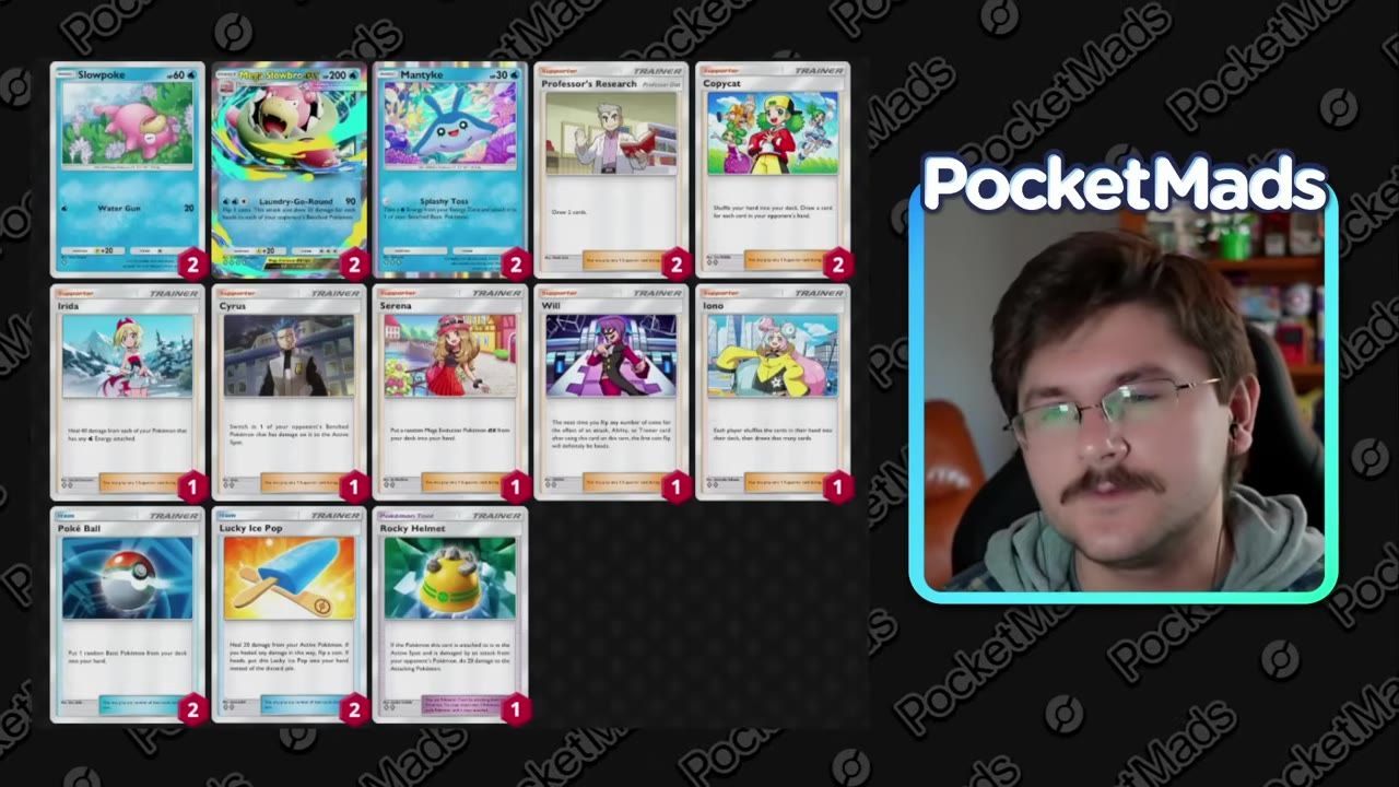 A card list for a Mega Slowbro deck is shown beside a webcam-style face cam, with the Mega Slowbro card visible among several Trainer cards.