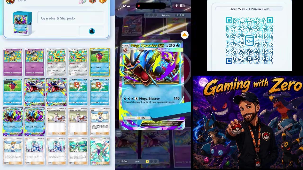 A collage-style frame shows a Pokémon card deck list on the left, a gameplay battle view in the center with a Mega Gyarados EX card, and a QR code plus channel art on the right.