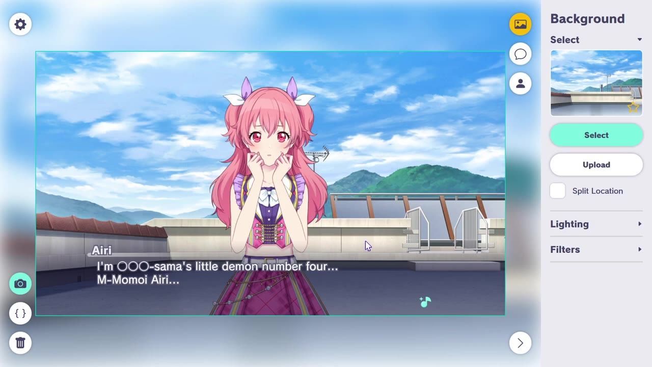An anime-style character stands in front of a rooftop background inside a model placement editor, with a background selection panel open on the right.