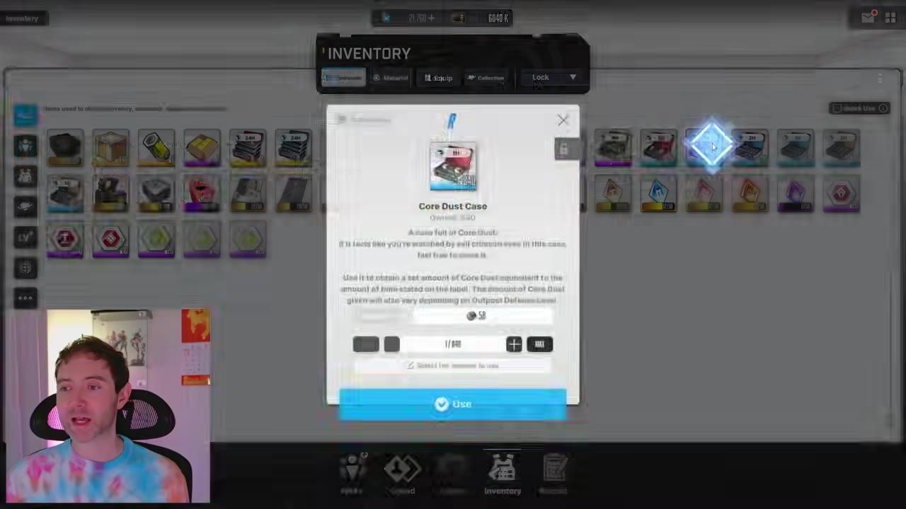 An inventory screen is open with a Core Dust Case details popup in the center and rows of item boxes behind it.