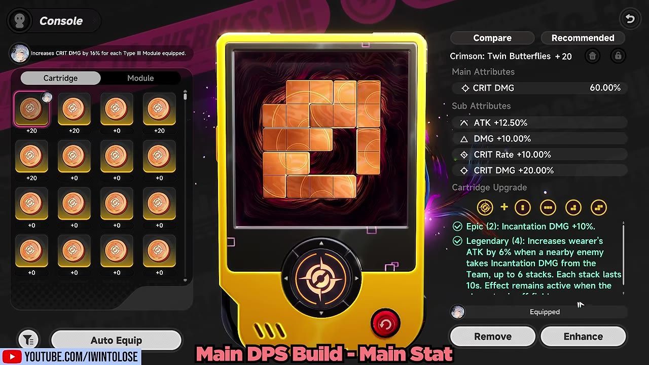 Gaming screen showing cartridge sets with attributes for a DPS build.