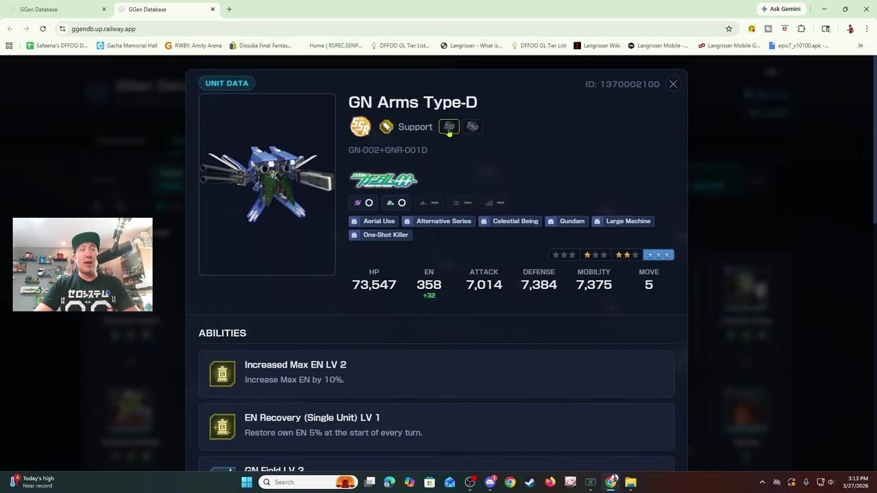 GN Arms Type-D unit data screen with stats and abilities.