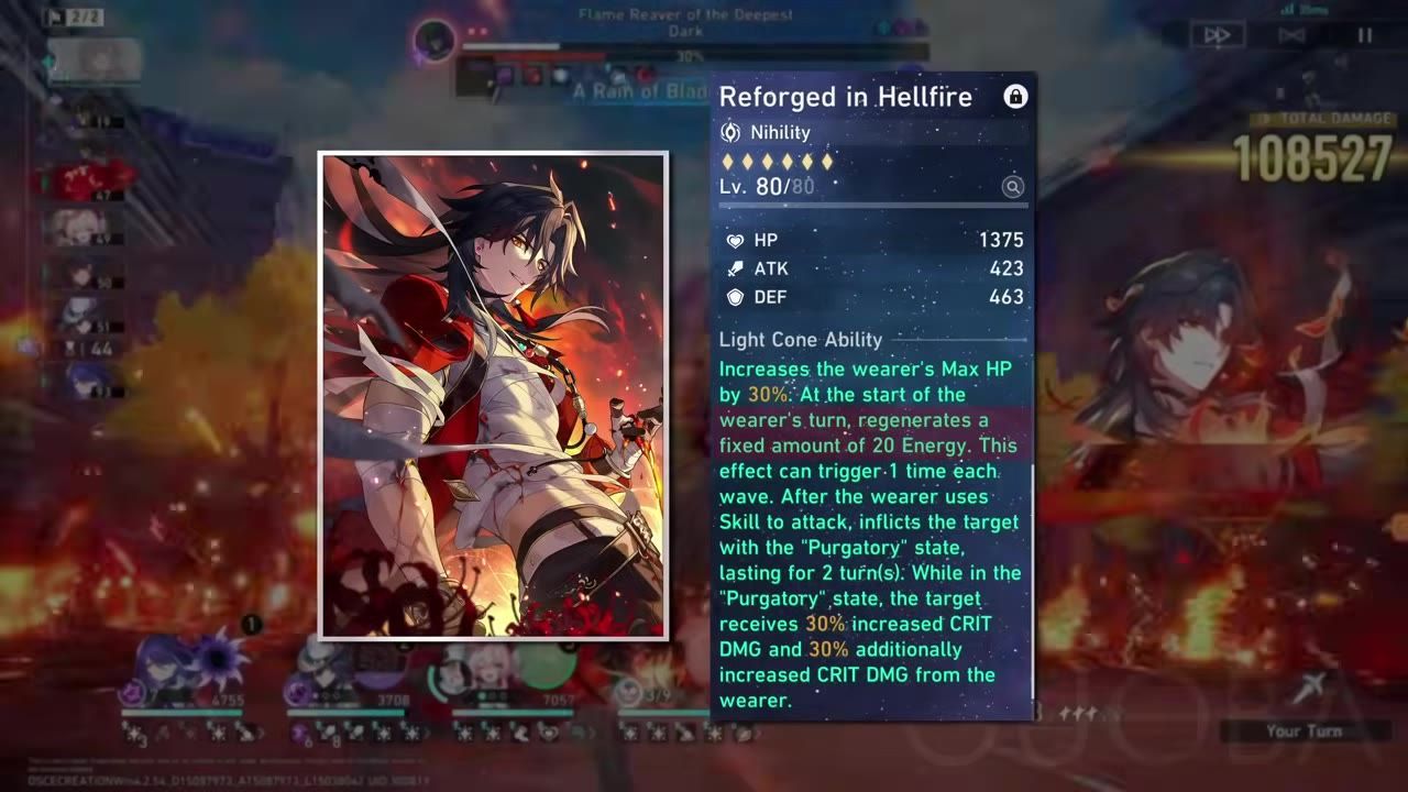An in-game view showing a light cone with its detailed stats, abilities, and attributes.