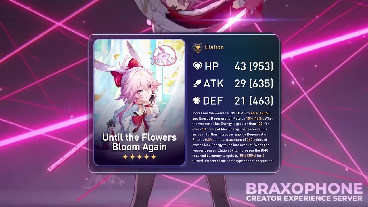 Display of Until the Flowers Bloom Again item details including stats and description.