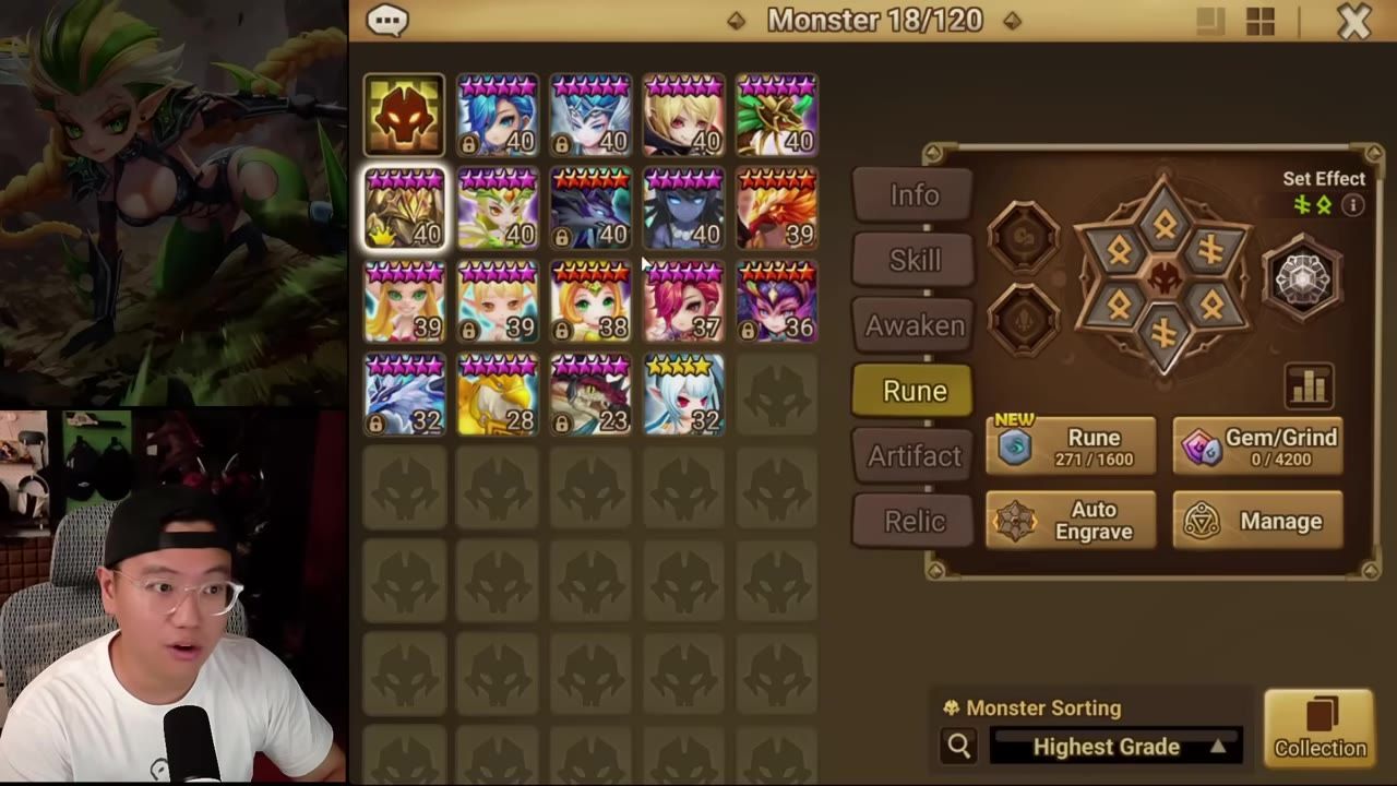 Character selection and rune setup screen in a mobile game.
