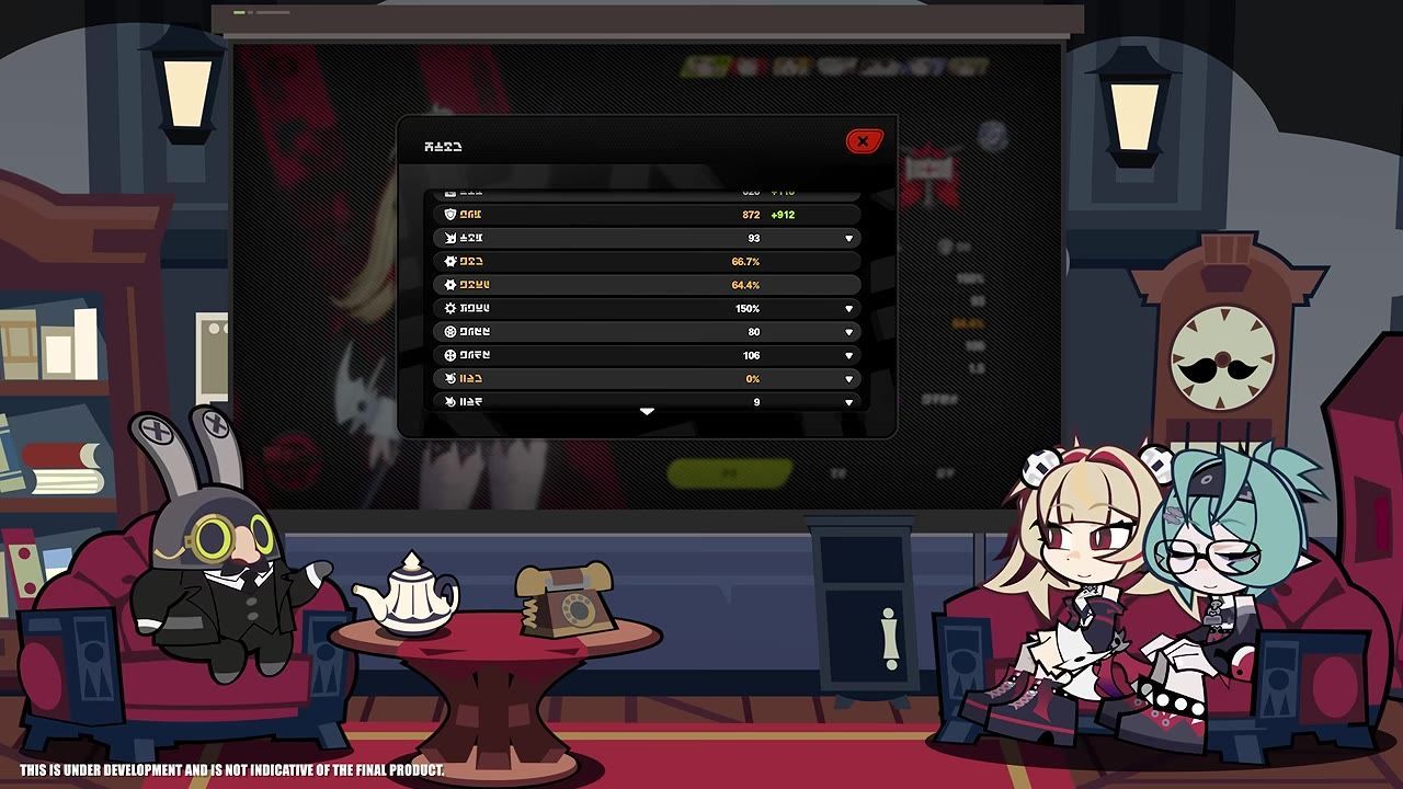 A game statistics screen with critical stats and defense scaling is displayed on the monitor.