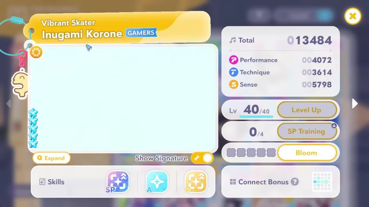 A character status screen shows Inugami Korone with stat totals, level, skill icons, and connect bonus options.