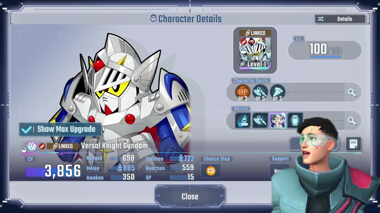 Character details screen showing Versal Knight Gundam's stats and skills.