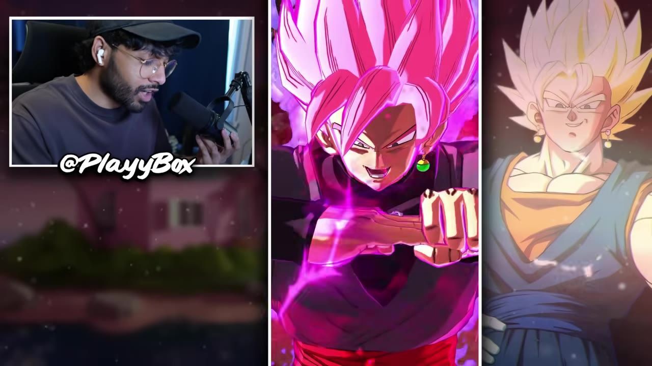 Three vertical panels show a streamer webcam on the left, Ultra Rosé Goku Black in the center, and a Super Saiyan-style Goku Black character on the right.