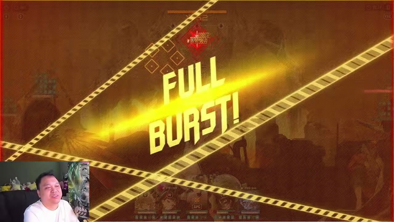 A game battle screen is overlaid with a large "FULL BURST!" effect across the center, with a small webcam box in the lower left.
