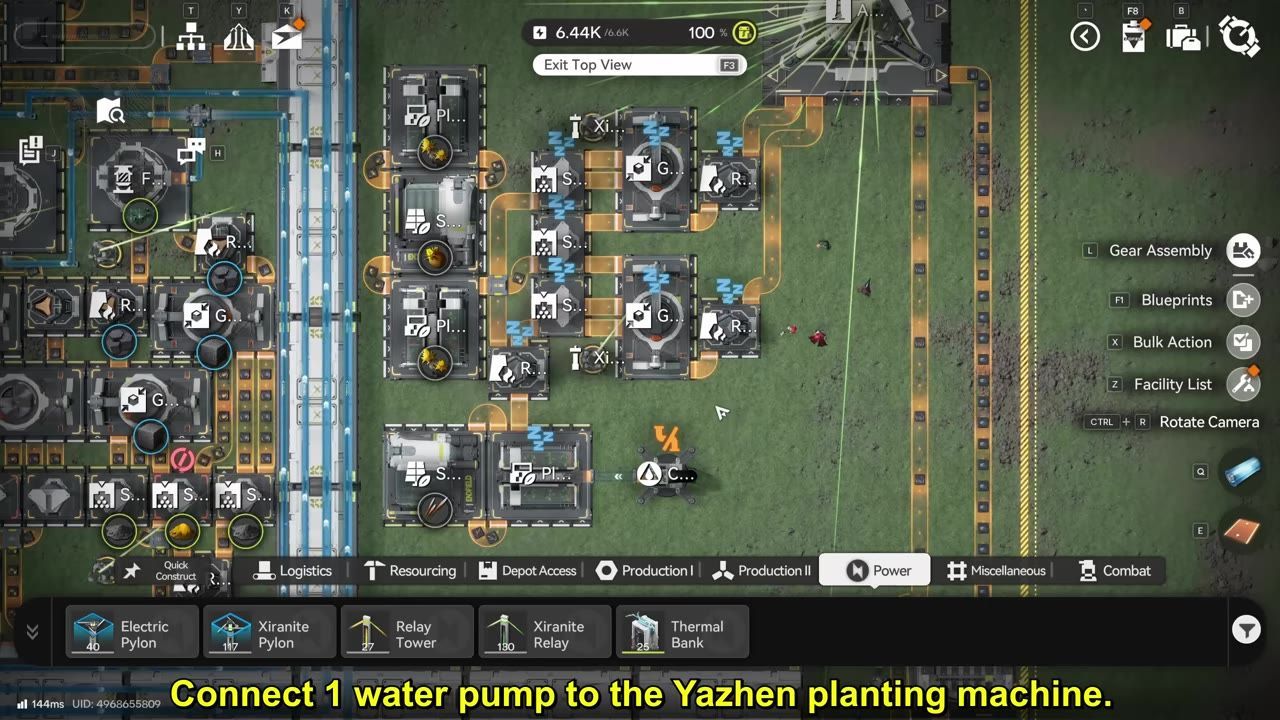 A factory layout with interconnected machines and pipes, including planting machinery.