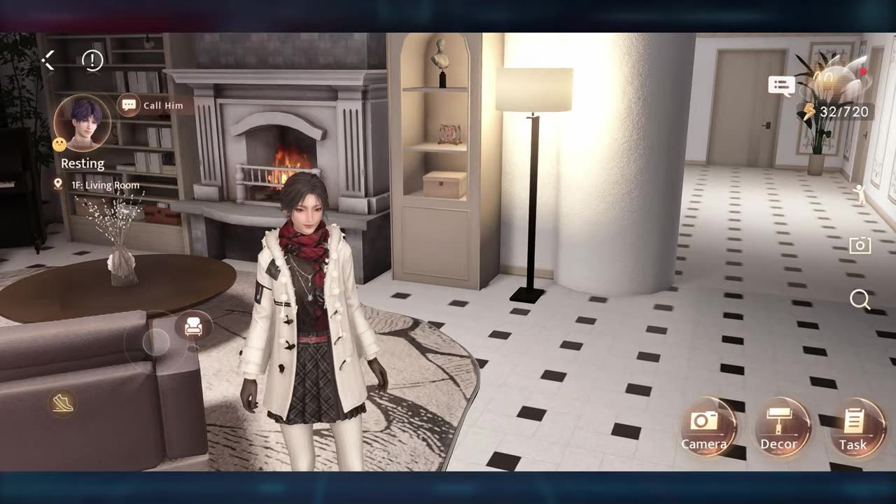 A character standing in a living room next to a lit fireplace, with interface elements showing tasks.