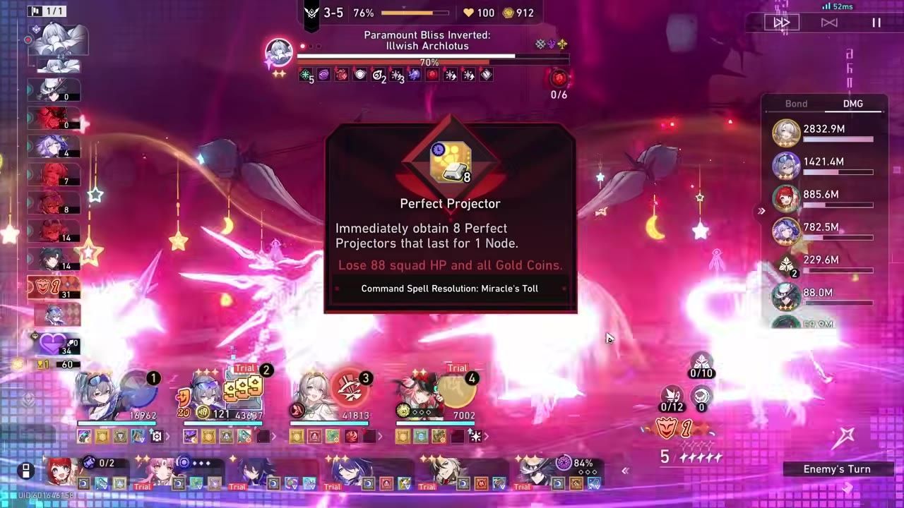 Game screen showing results of a trial with a display of Perfect Projector details.
