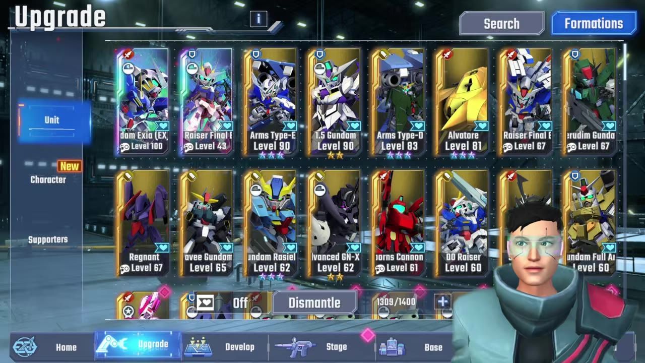 A game upgrade screen shows a grid of Gundam units, including Reborns Gundam among other selectable cards.