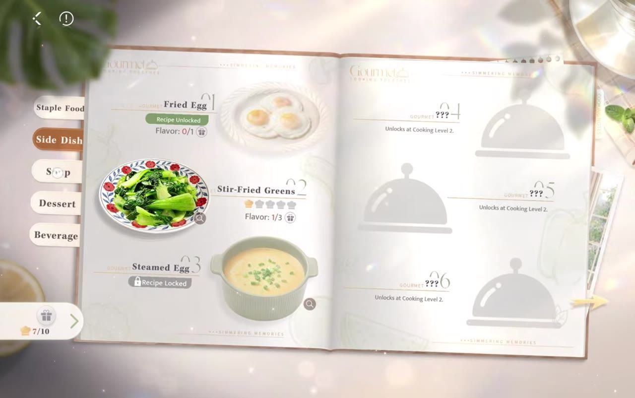 An interface showing a recipe list with available and locked recipes in the kitchen system.