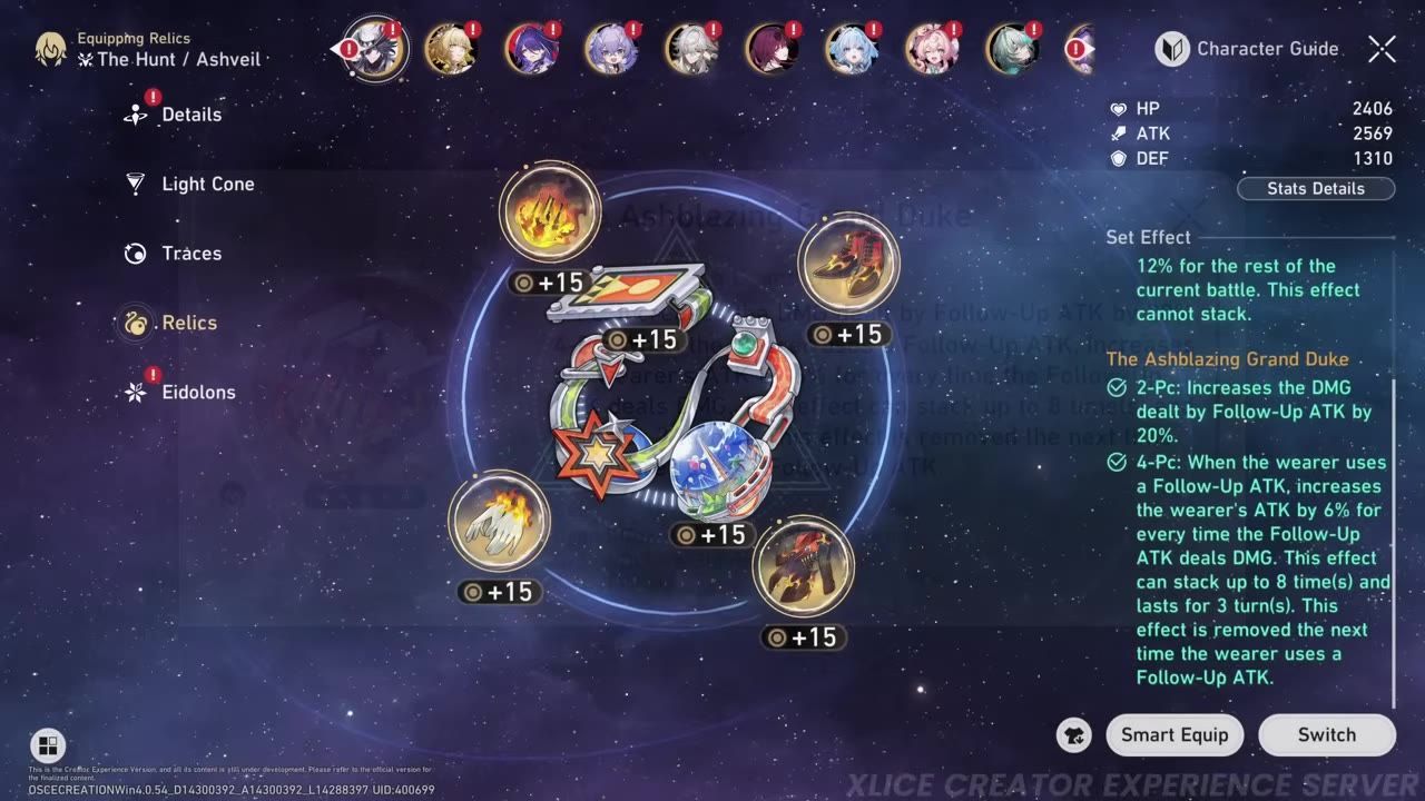 Relic inventory screen showing Ashveil equipped with the Ashblazing Grand Duke set effects highlighted.