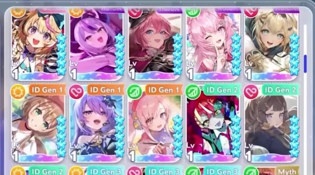 A game screen shows a grid of anime-style member cards with level indicators, star ratings, and colored generation labels.