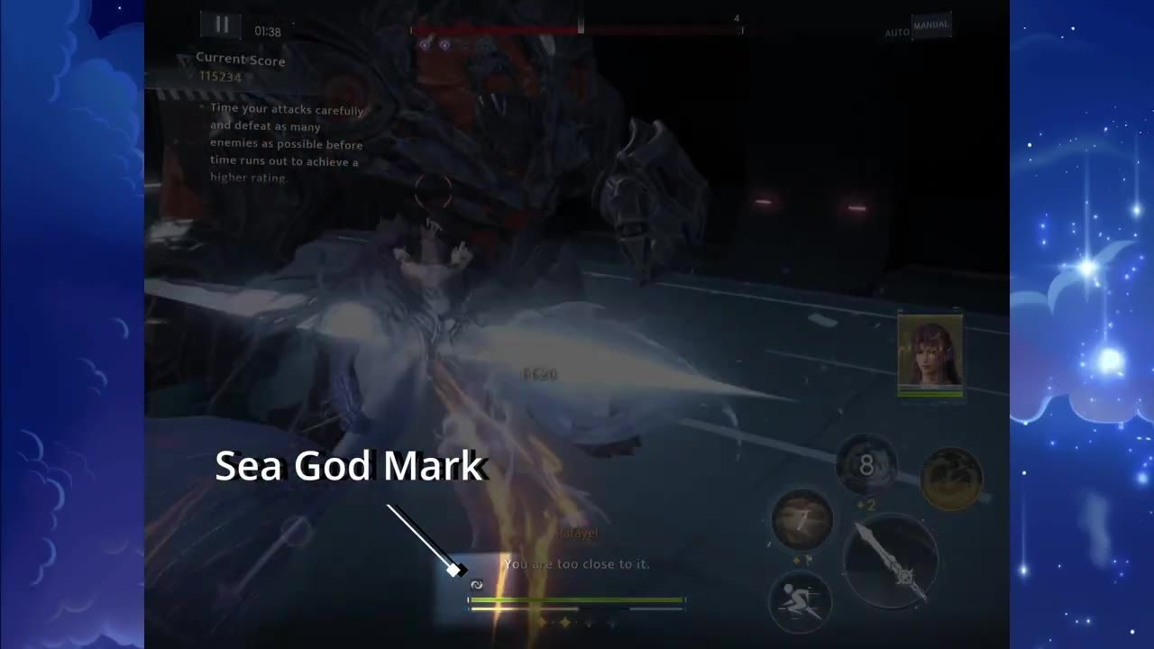A battle screen shows a character fighting a large enemy, with the resource gauge visible under the HP bar near the bottom center.