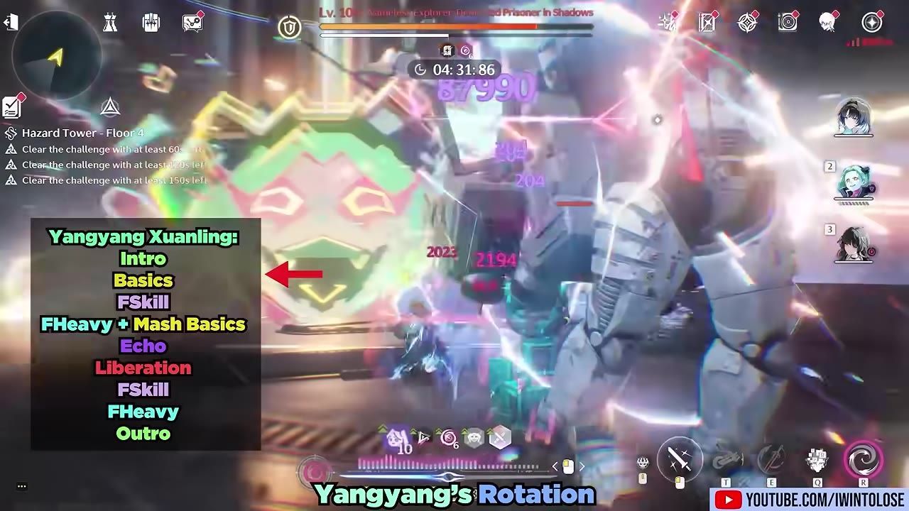 A combat scene is shown with a large rotation guide overlay listing Basics, FSkill, FHeavy + Mash Basics, Echo, Liberation, FSkill, FHeavy, and Outro.