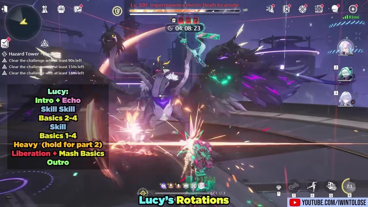 A combat scene in a sci-fi arena shows Lucy fighting a large winged enemy, with a colorful rotation guide overlay listing actions like skill, basics, heavy, and liberation.