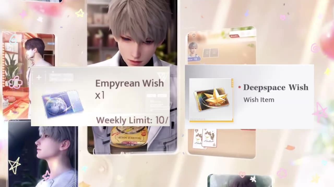 A game menu displays wish item cards, including Empyrean Wish x1 and Deepspace Wish, over a decorative character background.