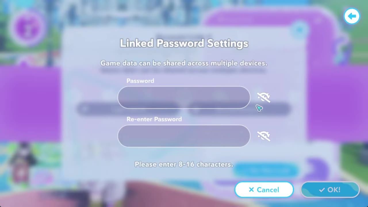 Linked Password Settings screen with fields for password entry in a game.