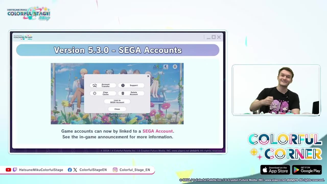 A presentation slide titled Version 5.3.0 - SEGA Accounts shows a game menu with a Link to SEGA Account button and explanatory text below.