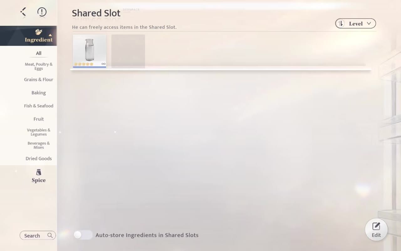 A game menu labeled 'Shared Slot' with a list of ingredient categories and settings, including a toggle for auto-storing ingredients.