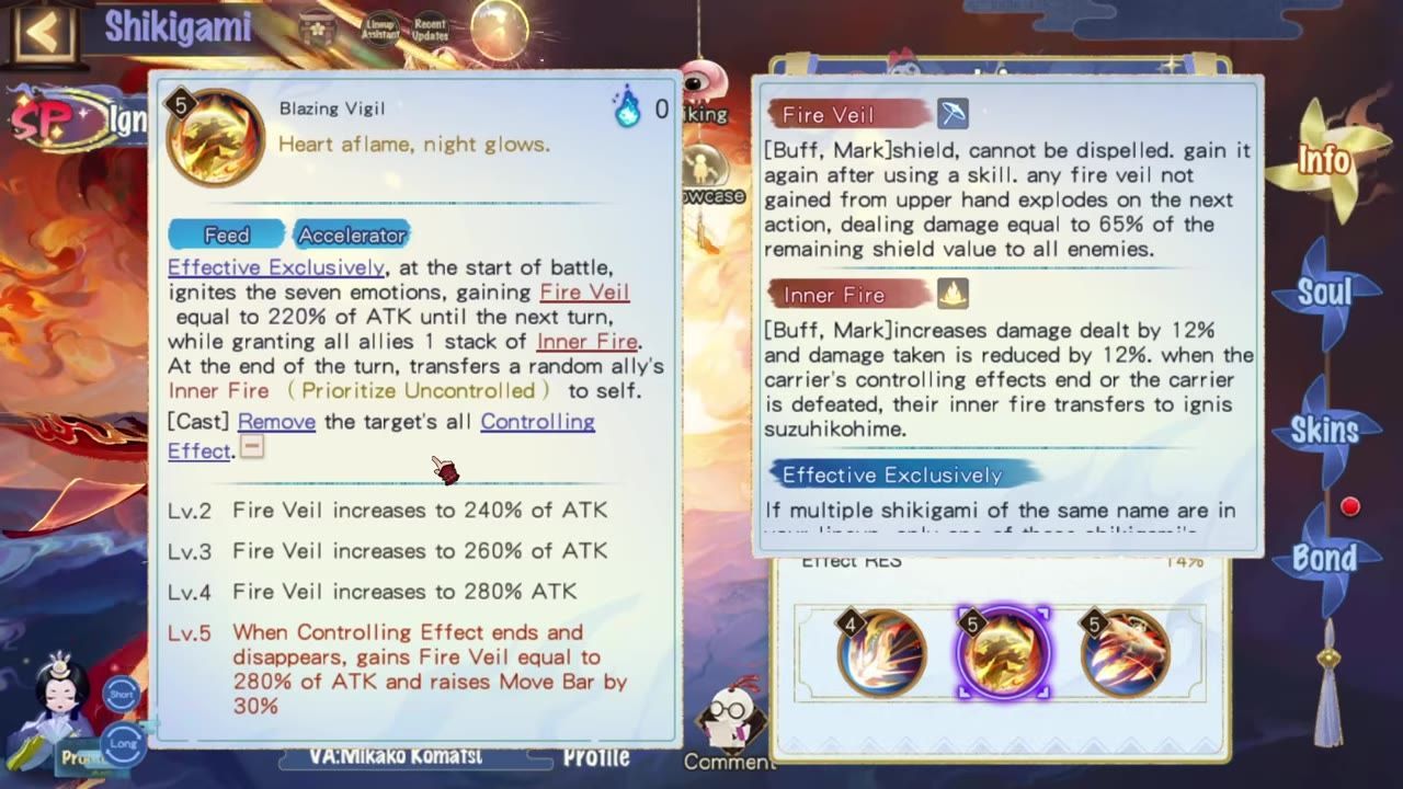 A game skill information screen shows the Blazing Vigil ability on the left and a Fire Veil and Inner Fire description panel on the right.