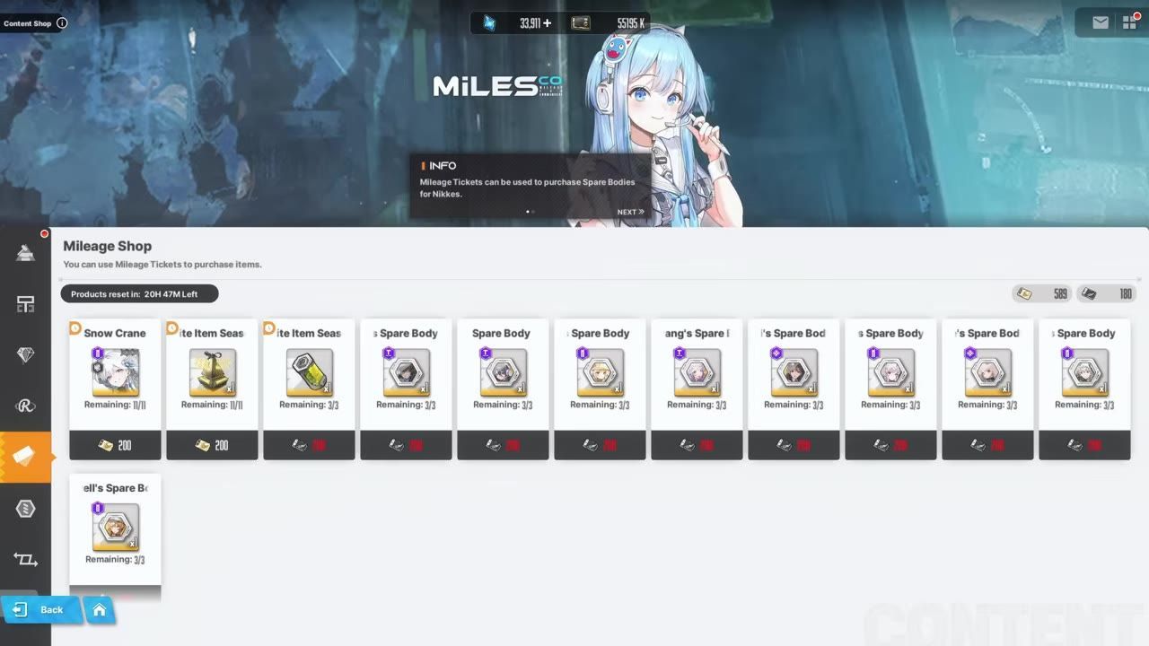 A game mileage shop screen shows item cards for spare bodies and other shop items, with currency totals and a left-side navigation bar.