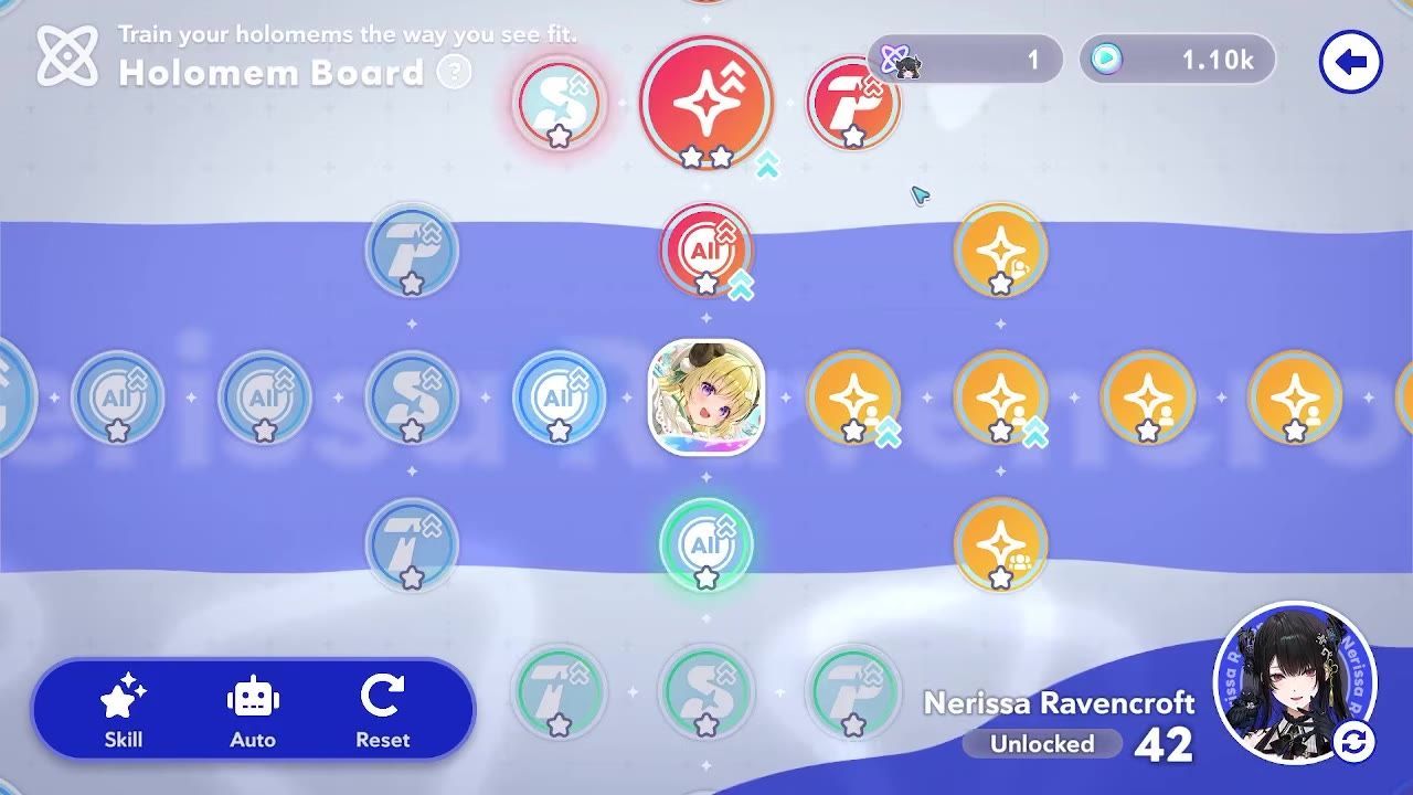A Holomem Board screen shows colored section bands with many circular upgrade nodes and a character portrait at the bottom right.