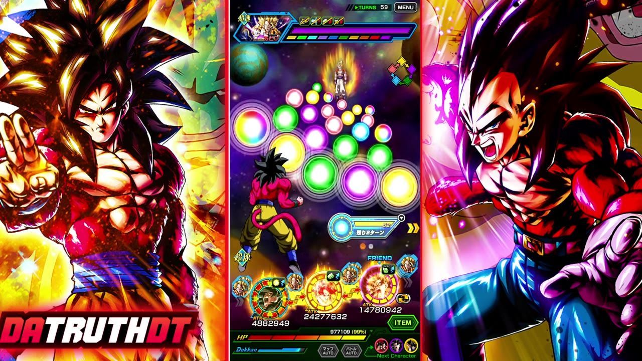 A Dragon Ball battle screen shows a character facing a field of colored orbs with combat UI and attack stats visible.